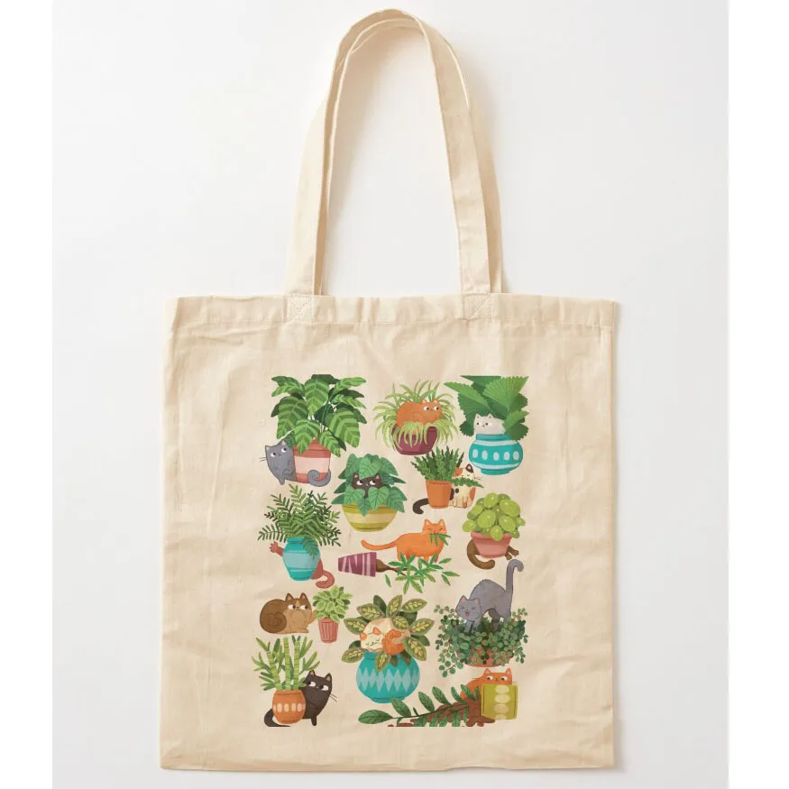 Cats And Plants Tote Bag Reuseable Canvas Fashion Shopping Grocery School Femal Gril Women Personal