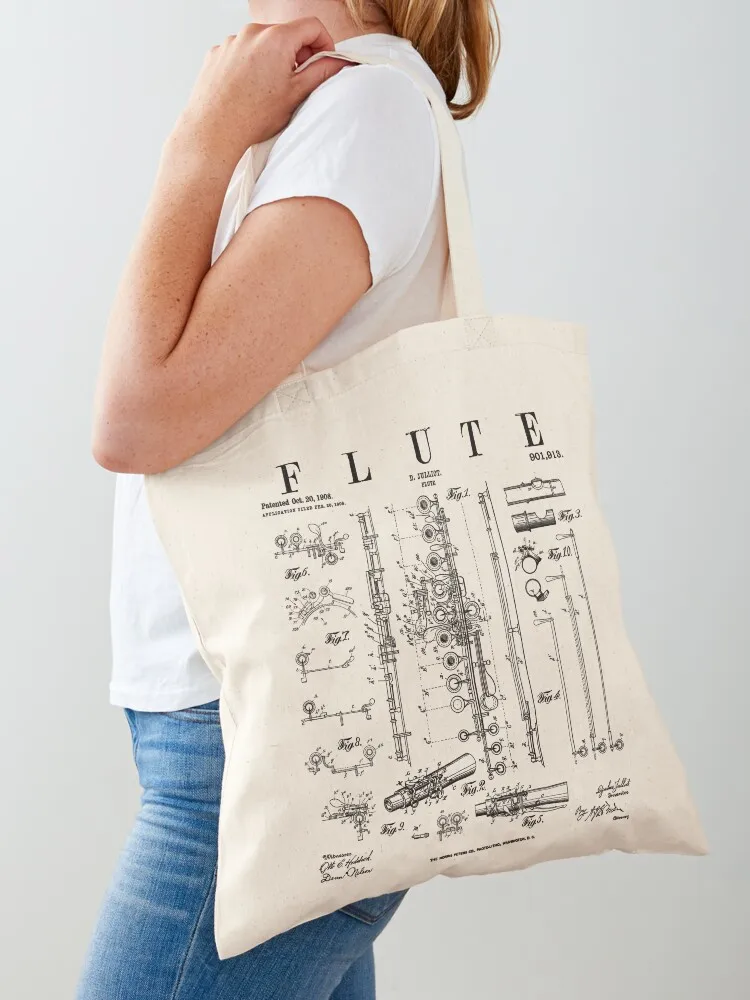 Flute Vintage Patent Flutist Flautist Drawing Print Tote Bag For Women Reuseable Canvas For Girl Fashion