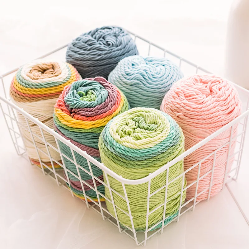 Where to Buy Rainbow Gradient Yarn? 2 100G Ball Rainbow Cotton Yarn Segment Dyeing 5 Ply of Milk Cotton DIY Hand Knitted Sofa 3