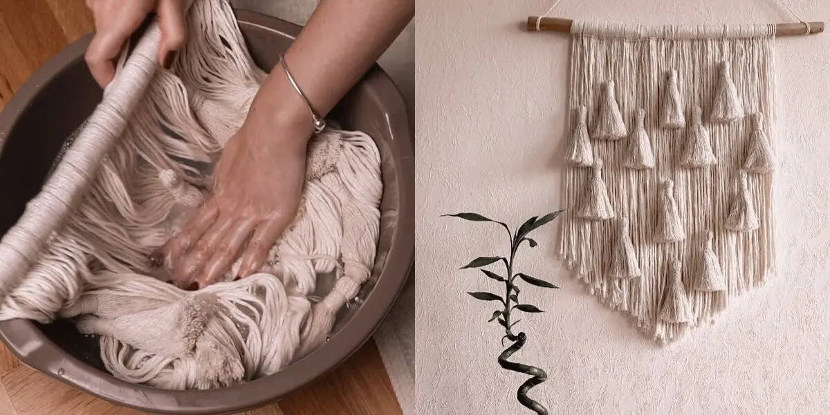 white macrame wall hanging cleaning
