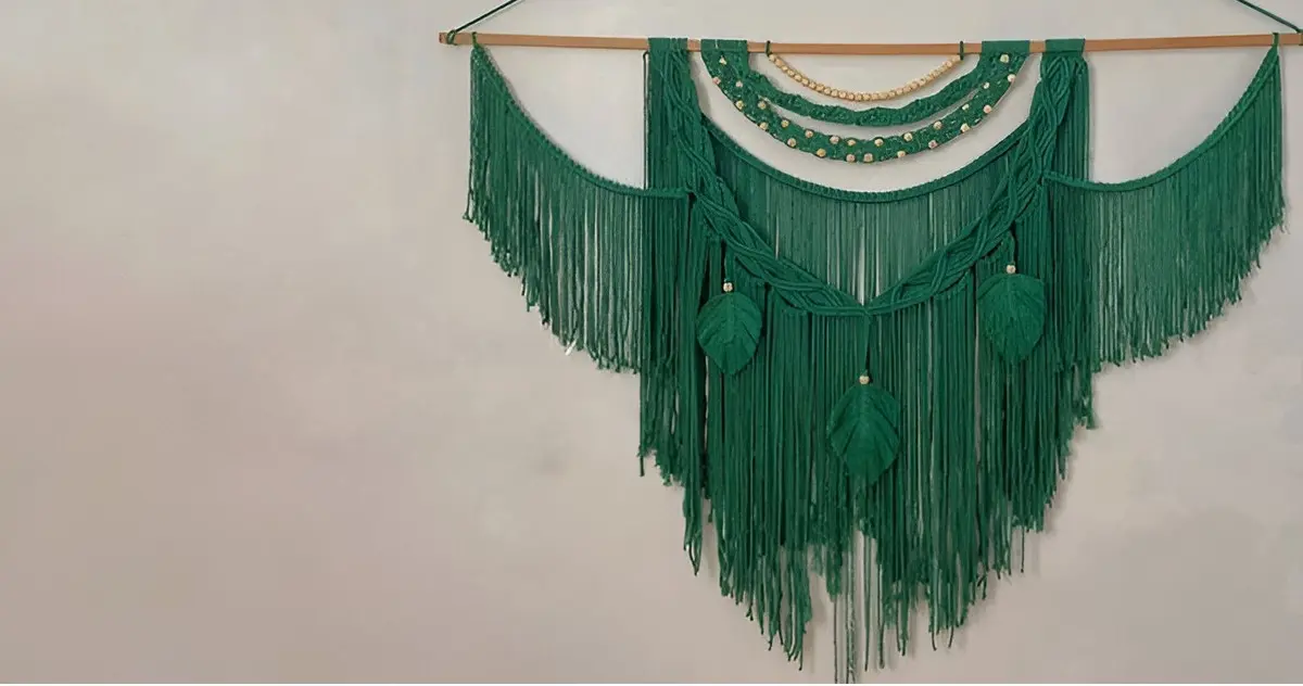 green macrame wall hanging storage