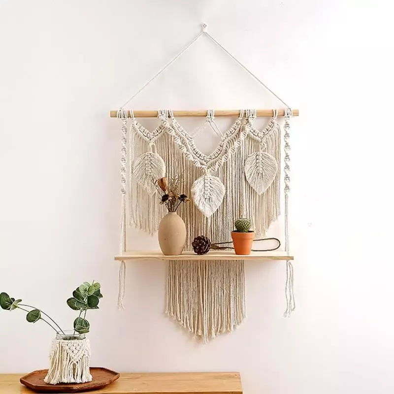 bohemian macrame wall hanging shelves boho decorative rustic wood wall floating plants shelves with handmade woven 1
