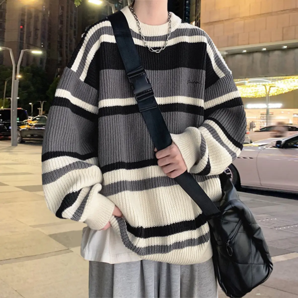 Korean Striped Round Neck Sweater